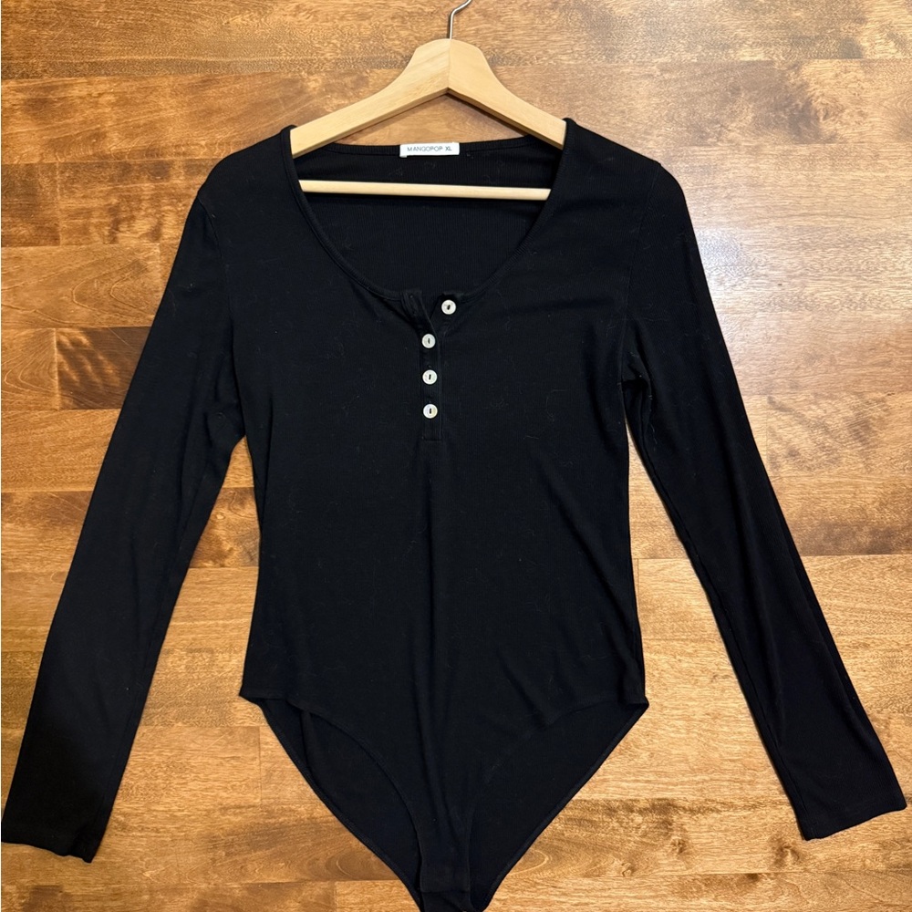MangoPop Black Buttoned Ribbed Bodysuit